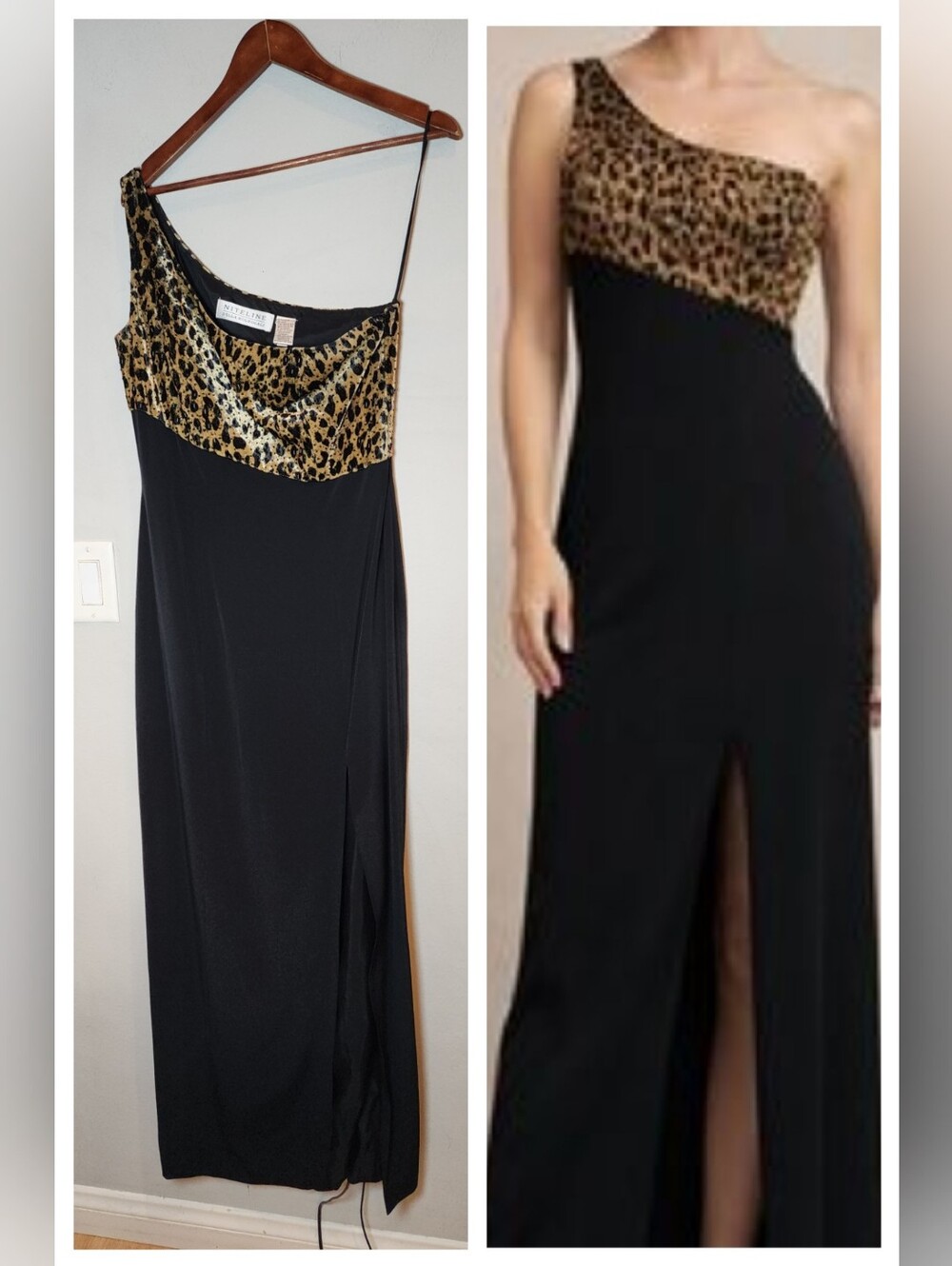 Niteline One Shoulder Maxi Dress Gown Animal Print Velvet Black Slit Size 10